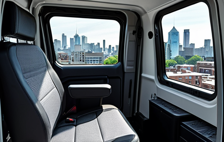 **
Prompt: Interior of a Ford Transit van, customized as a mobile office. Features include a desk, comfortable chair, power source, and internet setup. The scene emphasizes productivity and working on the go, perhaps with a city skyline visible through the open back doors.
**
